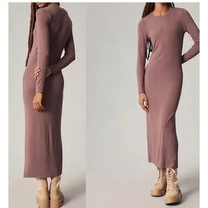 Anthropologie Bordeaux XS Cocoa Ribbed Maxi Dress Bodycon Long Sleeve Side Slit